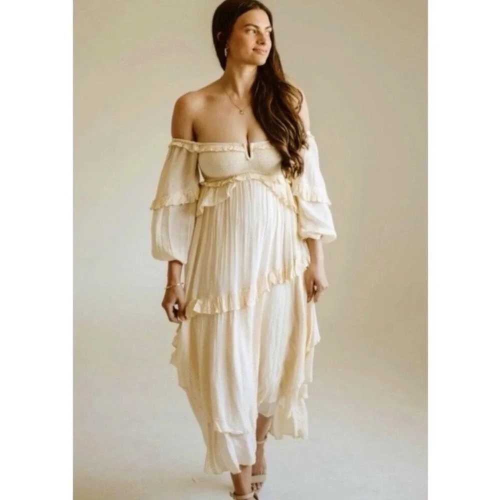 NWT Free People Spell & the Gypsy Clementine Maxi Dress Sz MED Boho Cream‎ Gold